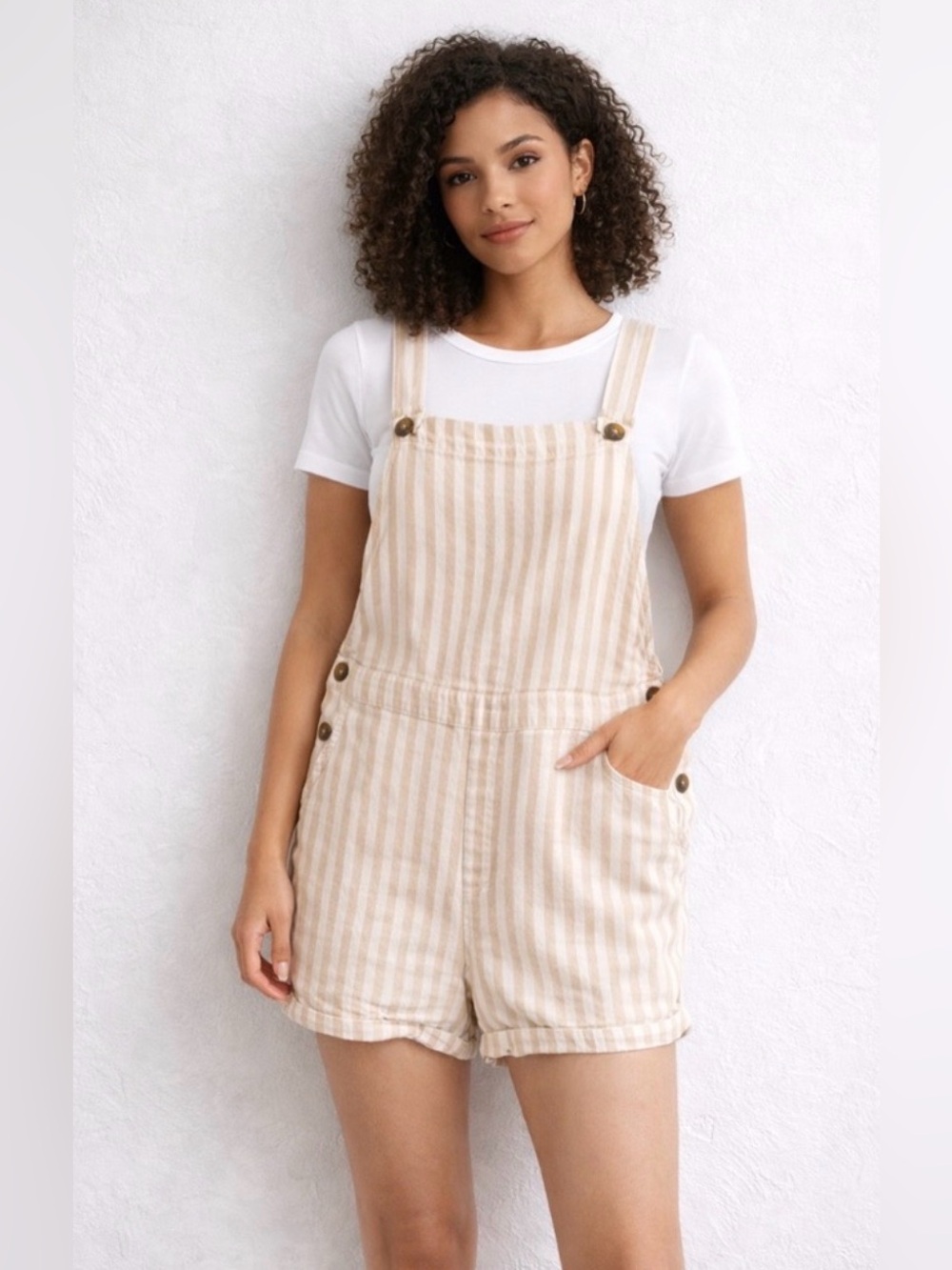 Hollister Beige and Cream Striped Short Overalls